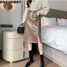 Oneimirry Fashion Split Woman Skirts Casual Slim PU Leather Midi Skirt Brown Office Ladies Pocket Mujer Faldas Fall Winter 2021