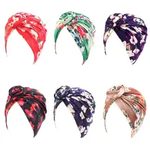 Женская стрейчевая Кепка chemo, мусульманская шапка для выпадения волос, тюрбаны, с цветочным принтом, шапка с бантиком, шапочки, Skullies Islamic, новинка