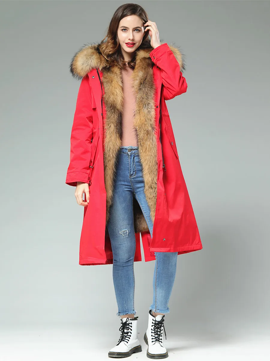 Parka King 90cm Long Whole Skin Pelt Muskrat Raccoon Fur Lining fur coat parkas winter coat women parka Large Raccoon Collar Red