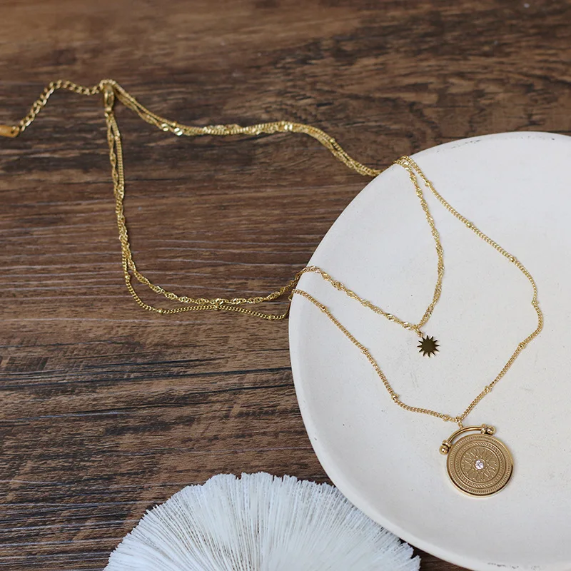 Timeless Wonder Titanium Sunburst Coin Chains Layered Necklace Stainless Steel Jewelry Punk Top Boho Gothic Trendy Gold 2121