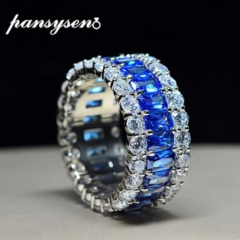 

PANSYSEN Top Brand Sparking Shining Pink blue white Sapphire Gemstone Rings Women Couple Anniversary 925 Sterling Silver Ring
