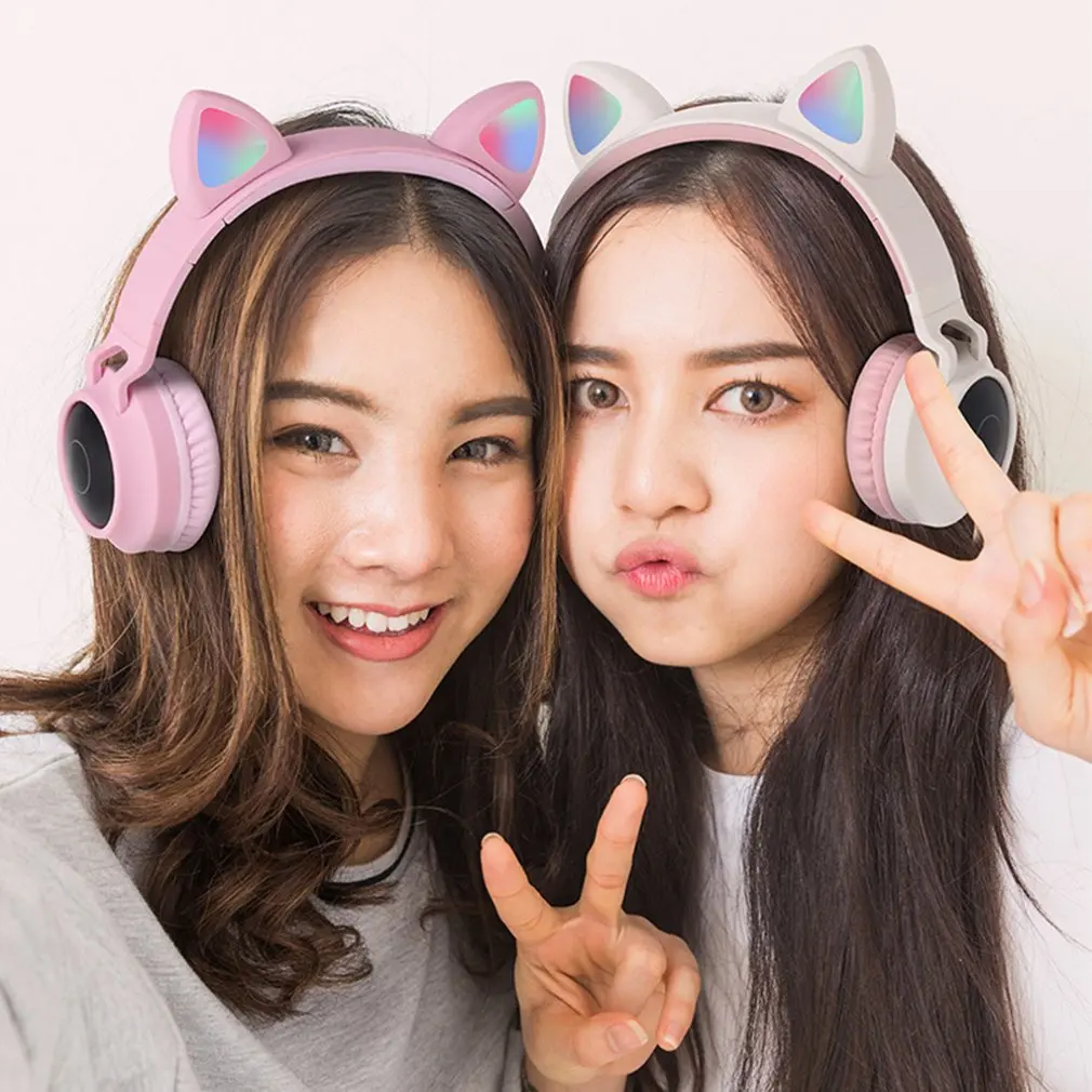 Cute Cat Ear Headset Wireless Headset Headphones 5 0 Bass Foldable Stereo Headphones Gaming Headphones For Cell Phone