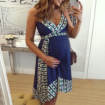 

Women Pregnant Clothings Summer Maternity Printing Sleeveless Strap Irregular Ladies Patchwork Bandage Loose Dresses In stock#37