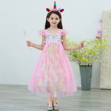 Сетчатое платье-пачка в виде единорога с рукавами-пачкой и пайетками костюмы на Хэллоуин для маленьких девочек на Рождество и день рождения, нарядное платье феи для детей от 3 до 8 лет