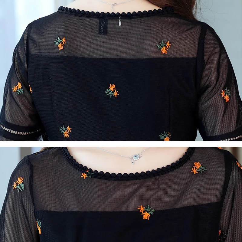 Лето, 4XL размера плюс, кружевное Сетчатое сексуальное мини-платье, корейские женские Элегантные Платья с цветочным рисунком, Вечерние черные женские платья с коротким рукавом