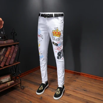 

Luxury Crown Print Jeans Men White Cotton Denim Casual Jeans Slim Straight Mens Jeans Brand Fashion Ripped Jeans for Men