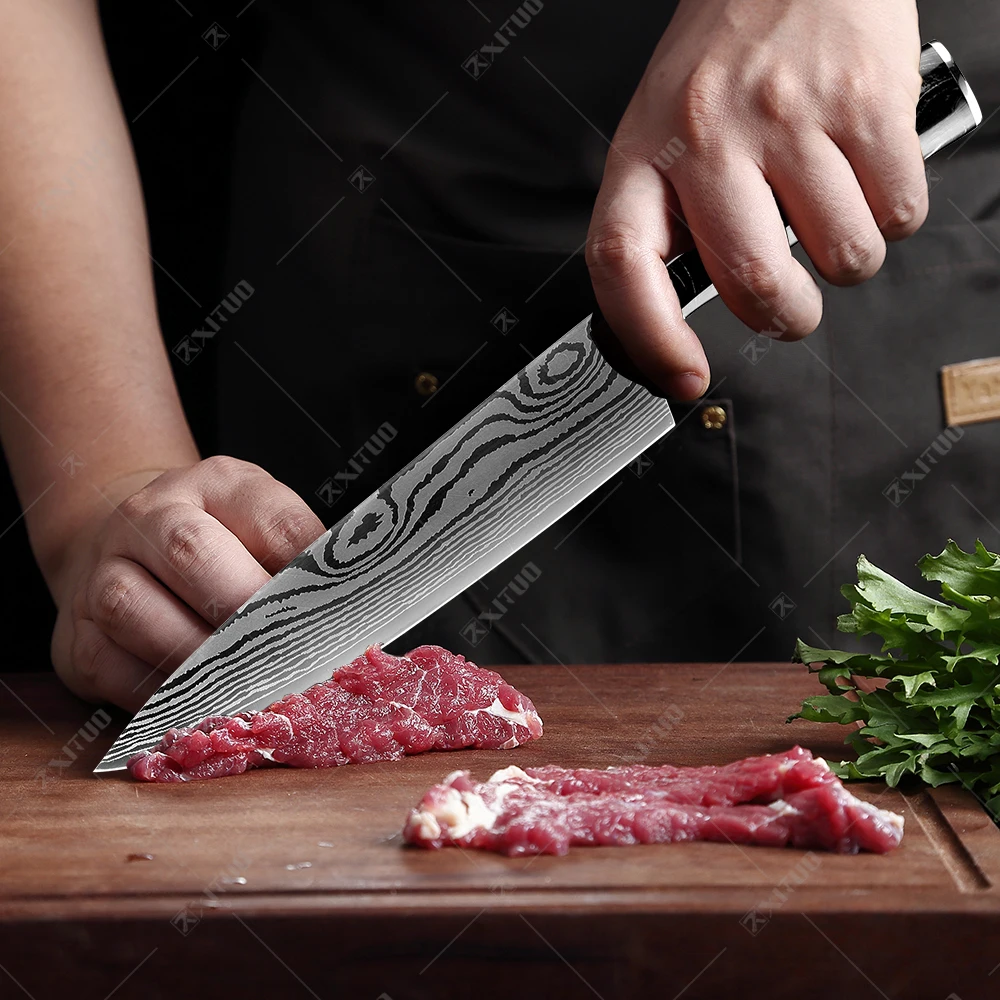 facas chef laser damasco padrão afiado santoku