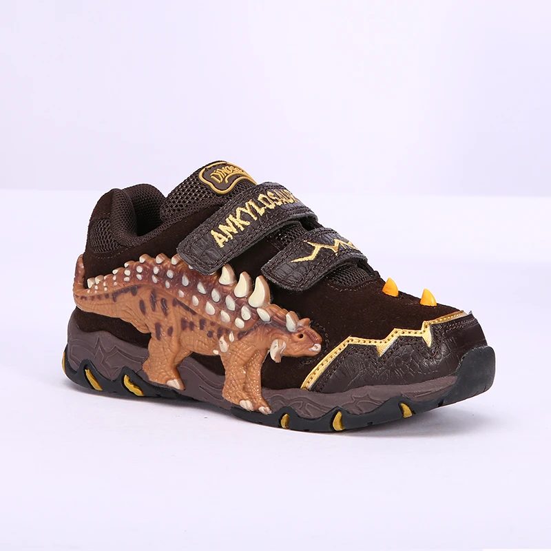 brown-4 LED DINOSKULLS детская обувь с подсветкой для мальчиков 3 года 3D светильник динозавра светящиеся кроссовки Осень Зима Кожа Детская спортивная обувь резиновая - Цвет: brown-4 LED