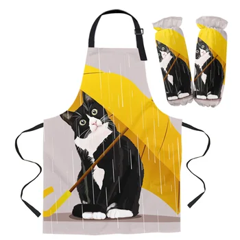 

Yellow Umbrella Cat Apron Kitchen Bar Restaurant Waiter Sleeveless Housework Woman Kids Aprons Cuff Oven Mitts