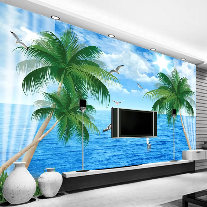 

Drop Shipping Custom 3D Mural Fresh Sea View Beautiful Seascape Mediterranean Style Mural Sofa Living Room TV Picture Wallpaper