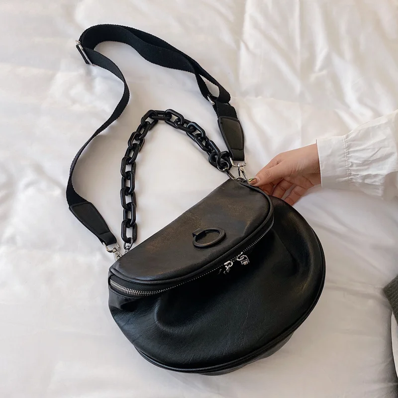 Fashion Wild Waist Bag High Capacity PU leather Acrylic Chain Saddle Bag Fanny Pack Bananka Women Satchel Belly Band Belt Bag