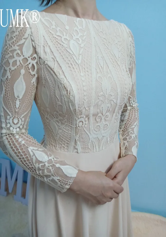 UMK Шампанское шифон пляжное свадебное платье кружева с длинным рукавом Boho Vestido De Noiva сексуальные свадебные платья с глубоким вырезом на спине реальные фотографии