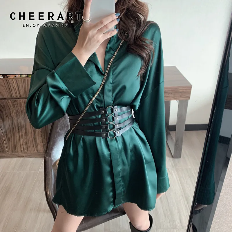 CHEERART Зеленая атласная длинная рубашка со стоячим воротником женские блузки и