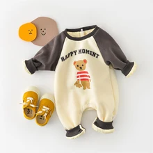 Monos de bebé con estampado de oso de dibujos animados, Pelele de manga larga para niños, ropa