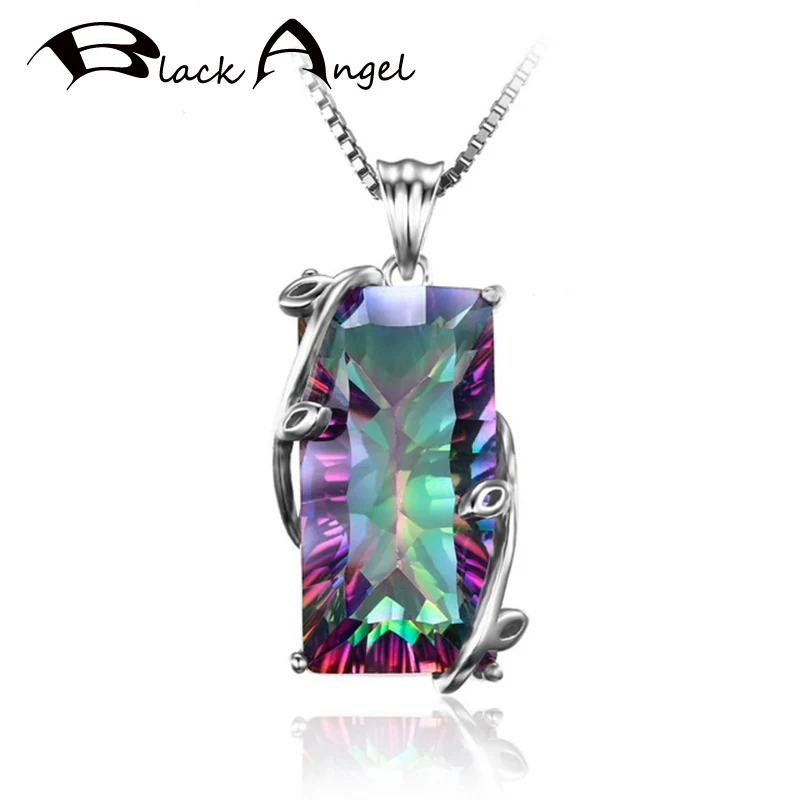 

BLACK ANGEL Genuine Rainbow Mystic Tourmaline Gemstone 925 Sterling Silver Tree Leaf Pendant Necklace for Women Fashion Jewelry