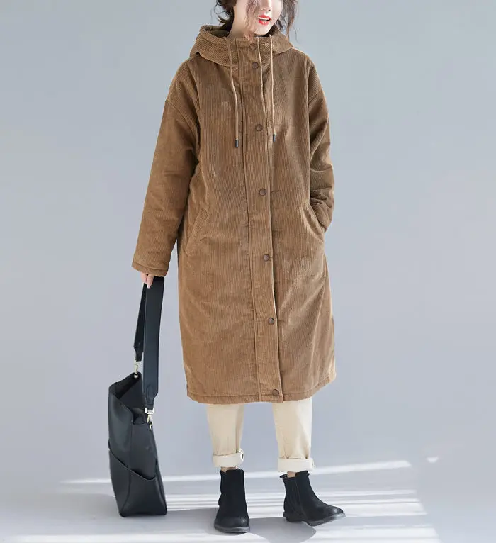 Плотное зимнее вельветовое пальто, длинная повседневная одежда, Женская свободная парка с капюшоном большого размера, куртка из овечьей шерсти, теплое ватное пальто f1545