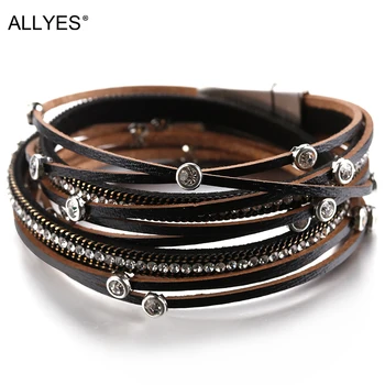 

ALLYES Multiple Layers Crystal Charm Bracelet For Women Vintage Leather Bracelets & Bangle Femme Jewelry