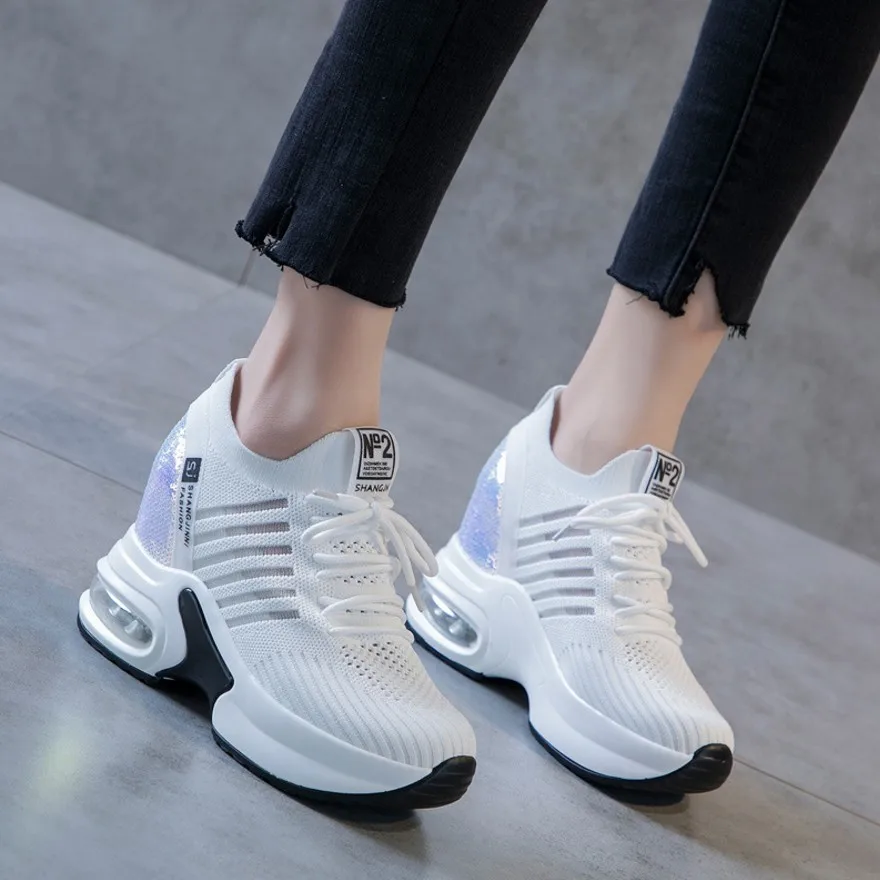 Women's Sports Shoes Women's Running Shoes Single Model Technology Elastic Knitting Shoes Upper Sequins Small White Shoes