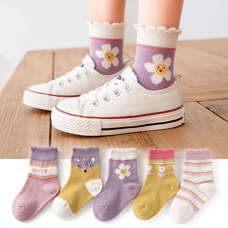 5 Pairs/Lot Autumn Winter Warm Children Socks girls boys cartoon cotton mid socks baby kids stripe sports 1-12 Years kids socks