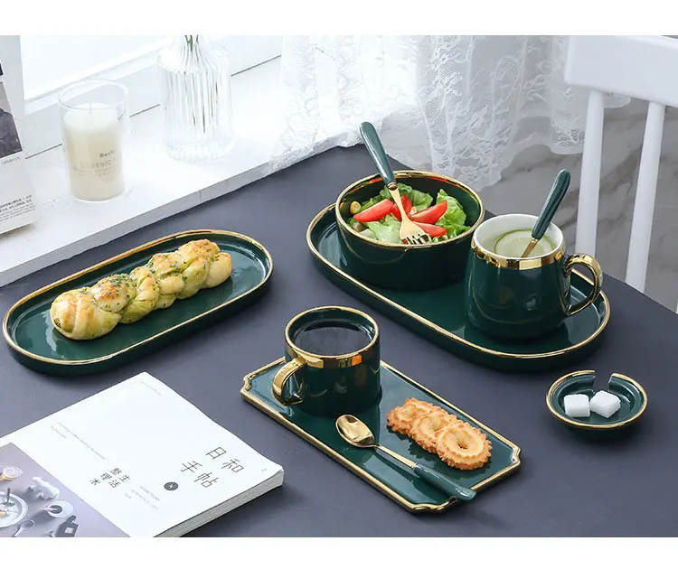Gold Rim Green Ceramics Coffee Cup Mug And Saucers Sets Tea Soy Milk Breakfast Mug Dessert Plate Fashion Restaurant Snack Cup