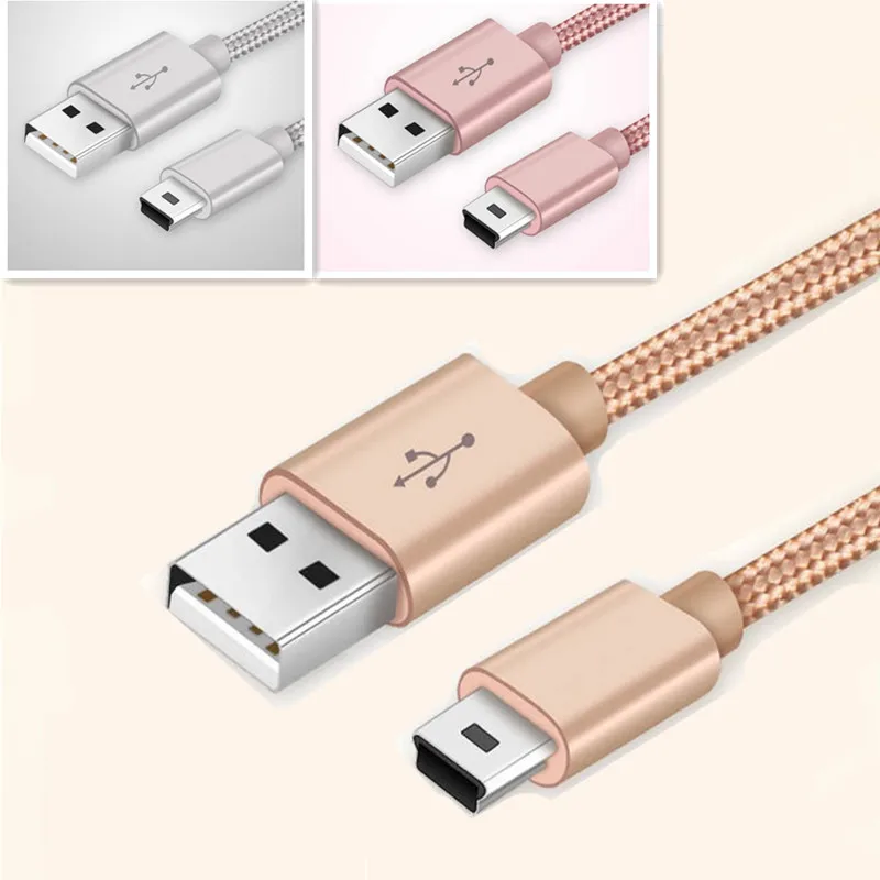 Color Braided Copper Mini Usb Data Cable Cord Adapter USB 2.0 T-port Charge Line for MP3 MP4 Car DVR Camera 0.25m/1m/2m