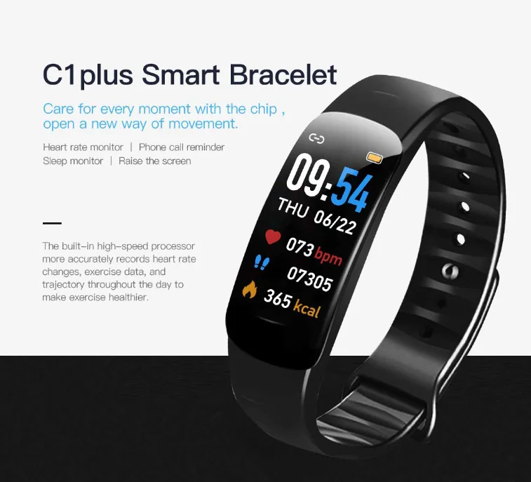 C1 Color Screen Smart Bracelet  With Heart Rate Blood Pressure Pedometer Bluetooth Push Notification Call ReminderLongStandby