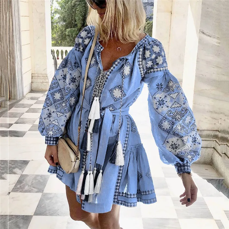 New 2020 Spring Autumn Women Casual Dress Elastic Waist V-Neck Printed Floral Print Dress Female Party Dress Vestidos