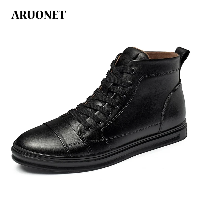 

AURONET New Autumn And Winter Men'S Boots Lace-Up Increased Wear-Resisting Casual Shoes Genuine Leather Outdoor Winter Boots