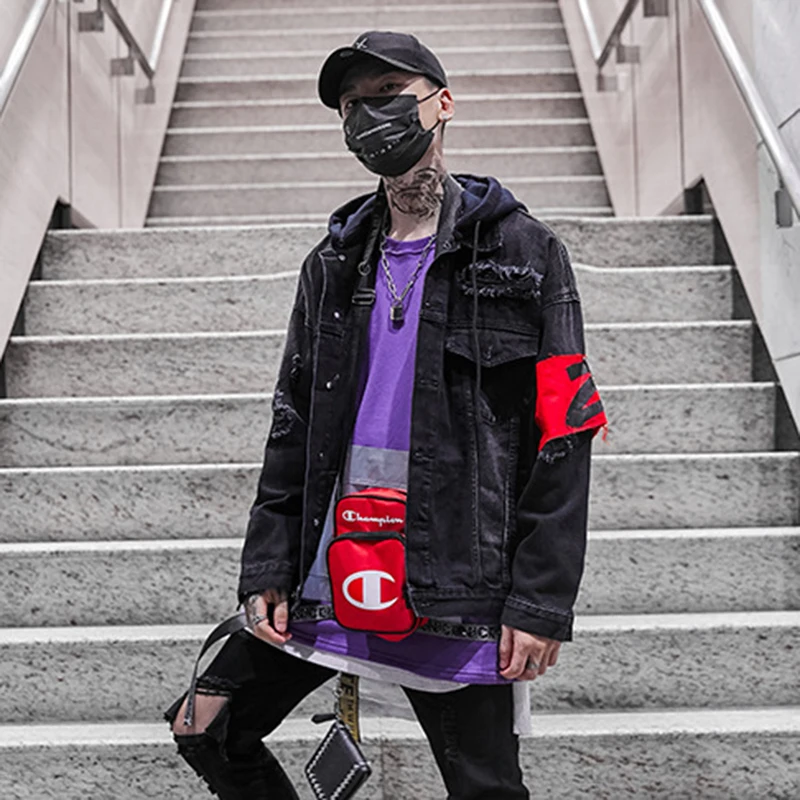 High Street Jeans Jacket Men Streetwear New Letter Printed Holes Ripped Denim Jacket Men Patchwork Hip Hop Jeans Jacket Men