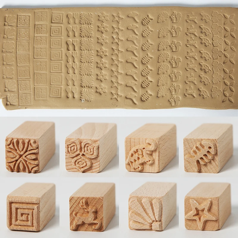 Hand Carved Wooden Stamps Wood Seal for Printing DIY Clay Pottery Printing Blocks Clay Tool Fish Bone / Squirrel / Flower Deer