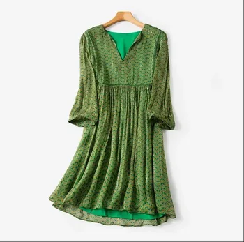 

Women's Silk Floral Print Short Dress French V-neck Loose Three Quarter Sleeve Lady 2020 Spring Summer Mini Dress