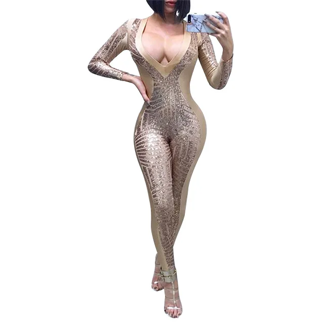 New brand high quality bodycon jumpsuit gold v neck sequins long romper autumn black full sleeve jumpsuit DC335