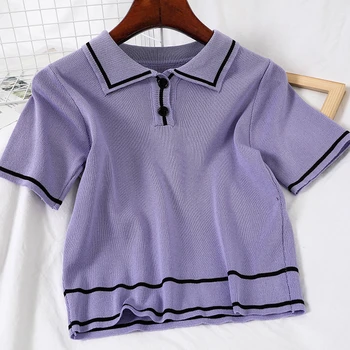

Women Solid Sweater Tops Summer Turn-down Collar Short-sleeved Preppy Style Slim Chic Short Style Knitting Tops Shirt Women