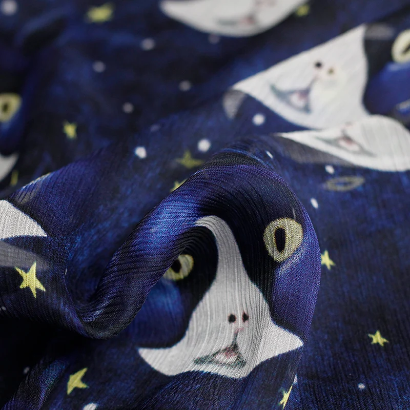 Перламутровые шелковые темно-синие принтованные Коты, сморщенные шифоновые шелковые ткани, шелк тутового шелкопряда, летнее платье, ткань Sewig
