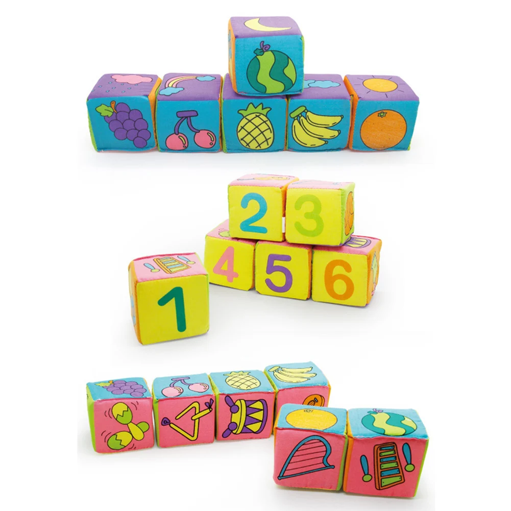 6Pcs/Set Kids Educational Toy Soft Cloth Plush Puzzle Rattle Building Block Cubed Infant Indoor Assembling blocks baby toy gifts