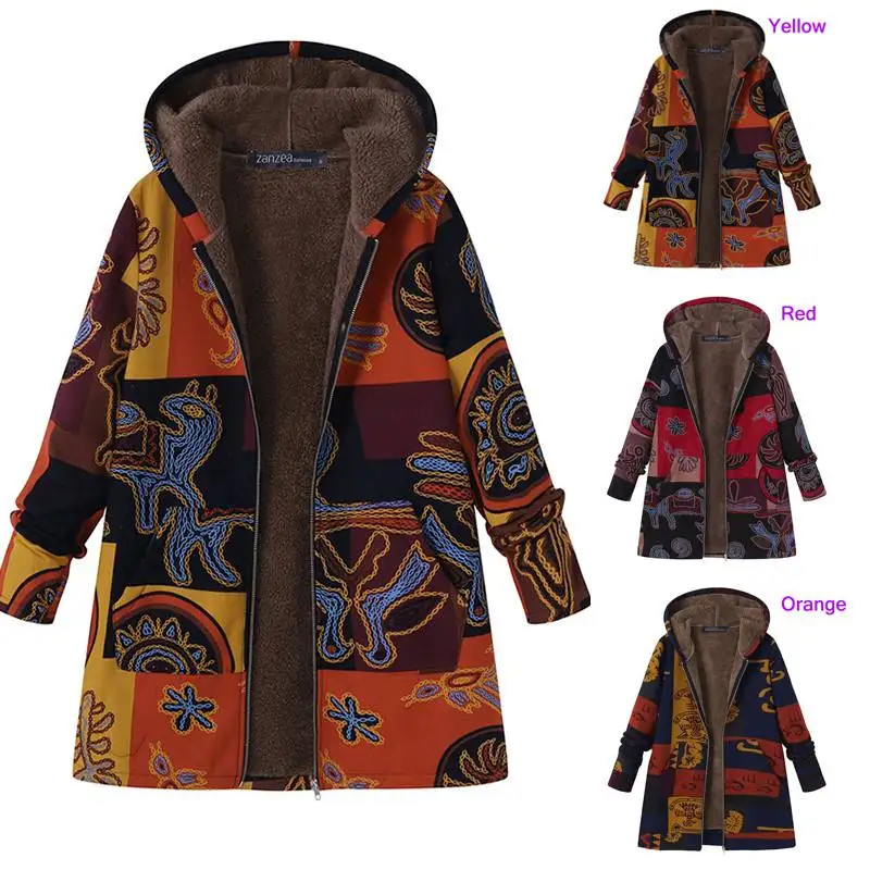 

2019 Women Jackets ZANZEA Autumn Winter Loose Fluffy Fashion Hooded Thin Coat Print Randomly Streetwear Plus Size Tops