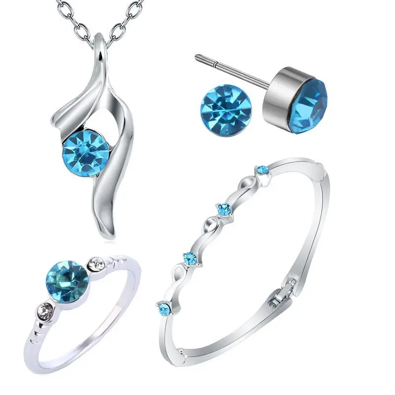 

Women's Birthday Gift Wedding Jewelry Set Fashion 925 Sterling Silver Crystal Necklace Earrings Bracelet Rings 4 Pieces Free Shi