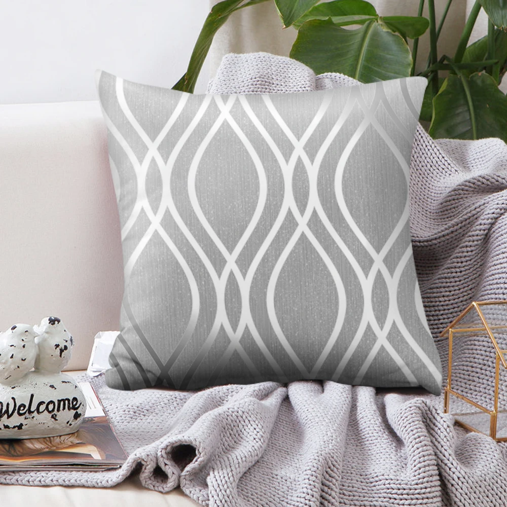 Silver Gray Striped Geometric Cushion Cover Peach Skin Pillowcase Cojines Decorativos Para Home Bedroom Sofa Decor 45*45cm