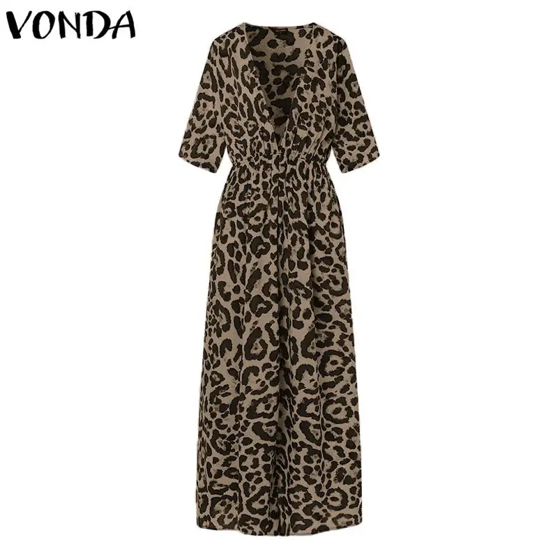 VONDA, женское длинное платье с принтом,, сексуальное, v-образный вырез, половина рукава, высокая талия, с разрезом, леопардовое, вечерние, праздничные, повседневные, Vestidos, мешковатые