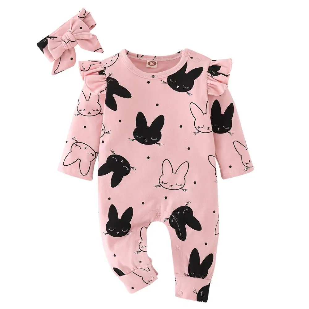 Romper Toddler Outfits-Clothes-Set Playsuit Headband Long-Sleeve Baby-Girl Rabbit-Print