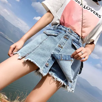 

2020 Summer Fat mm New Style Large Size Dress Korean-style Loose-Fit Slimming Mock Two-Piece Burrs Denim Skirted Leggings