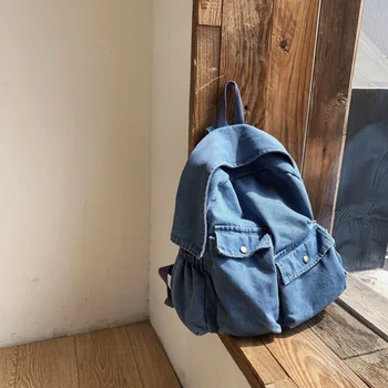 

New Style Denim Backpack Cool Cloth Bag Korean-Style Casual Harajuku Trend Package