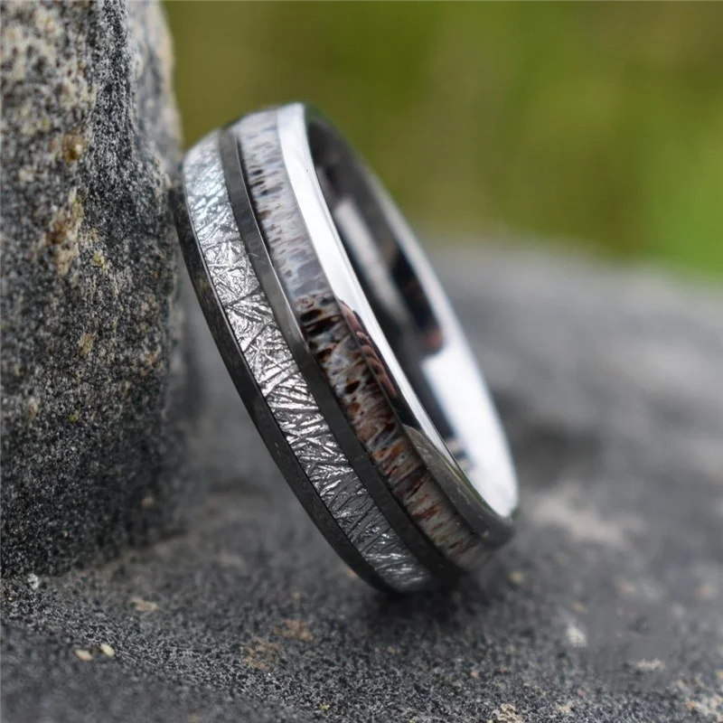 8mm Men Fashion Rings Carbide Meteorite Antler Inlaid Wedding Engagement Jewelry Gift For Boyfriend Accessories finger rings fashion rings engagement rings fashion ring metal rings