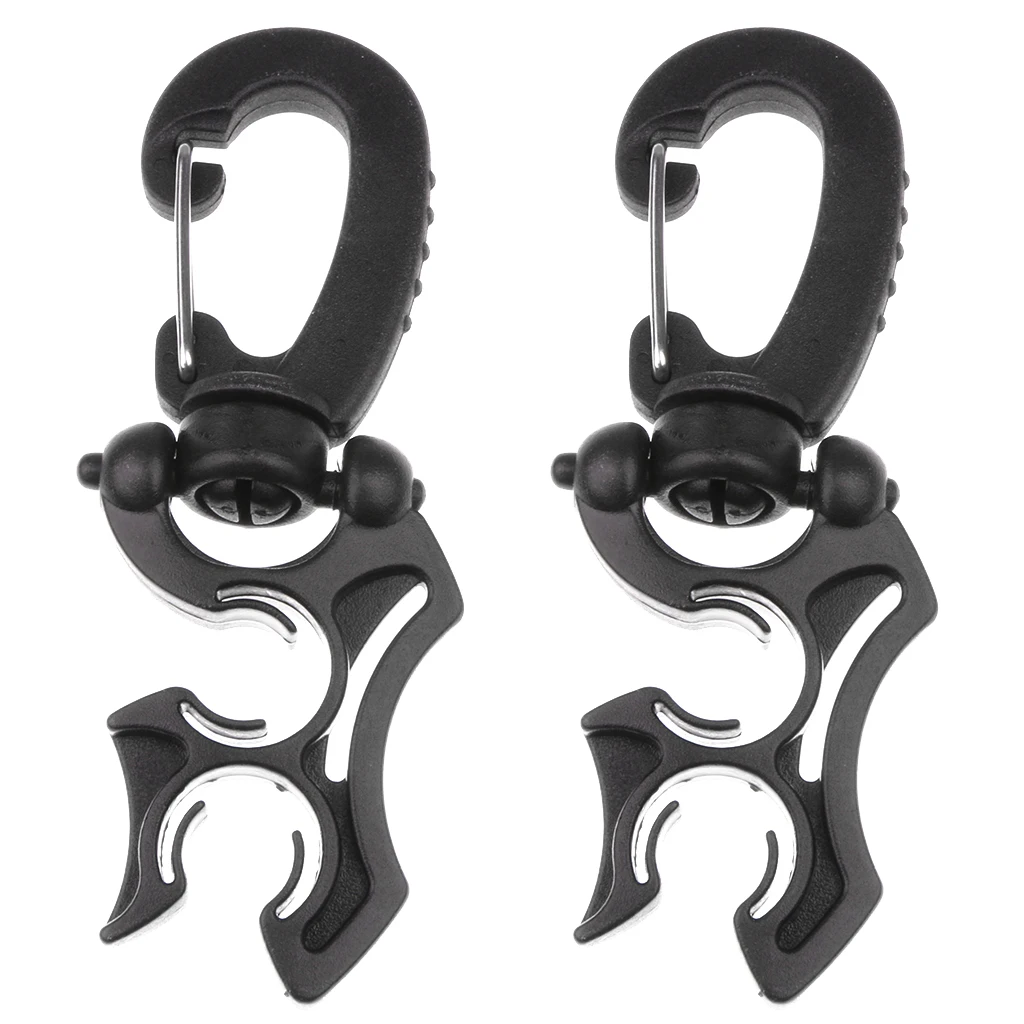 2 Pieces Scuba Diving Double BCD Hose Holder with Swivel & Folds Clip Black Water Sports Swimming Diving Pool Accessories