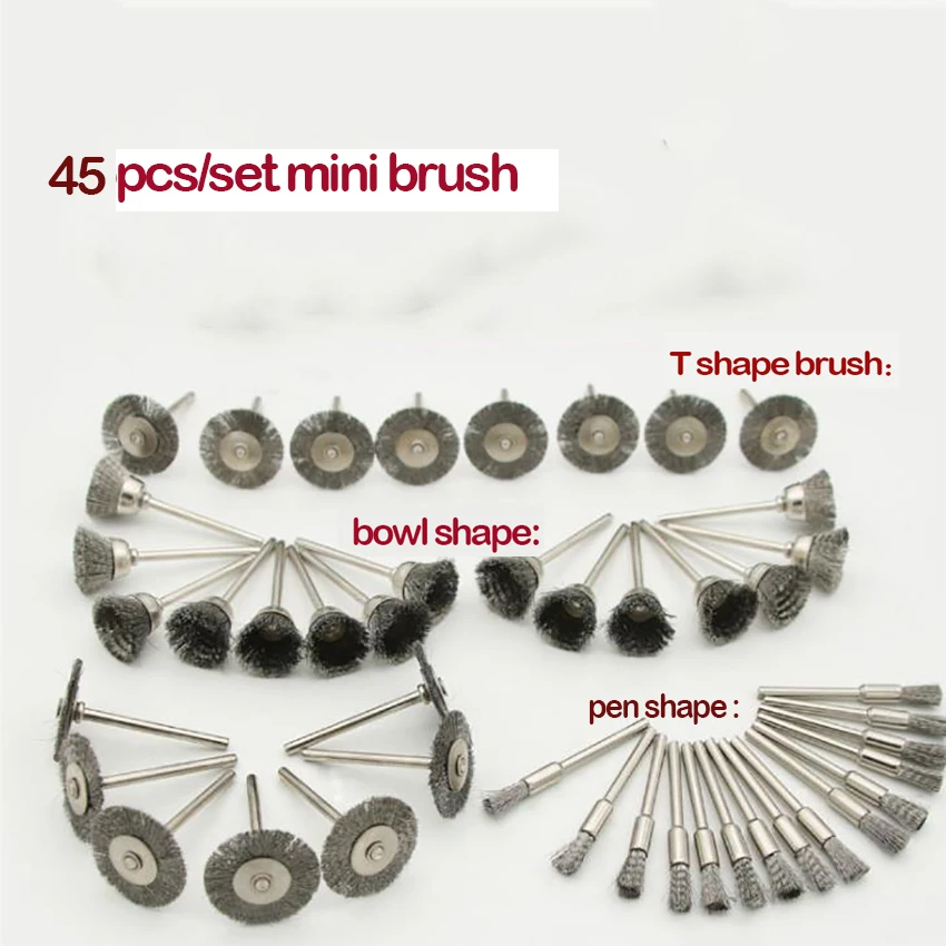 45Pcs Steel Wire Rotary Wheels Brushes, Pen-shape Bowl-Shape T-shape Metal Polishing Rust Removal Walnut Jade Cleaning Brush Set