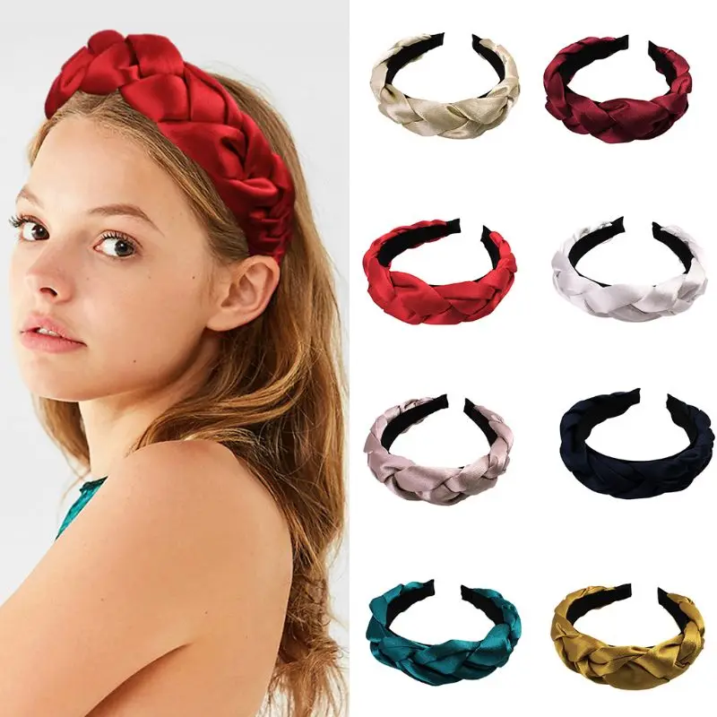 

Womens Vintage Bohemian Solid Color Wide Headband Imitation Silk Glitter Hair Hoop Handmade Chunky Braided Knot Thicken Headwear