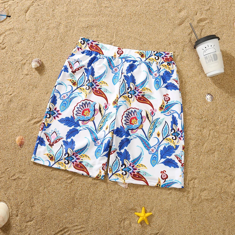 Family Matching Swimsuits Floral Printed Mom And Me Swimwear Women Girl Bathing Suits Men Boy Trunks Couples Holiday Beachwear 6