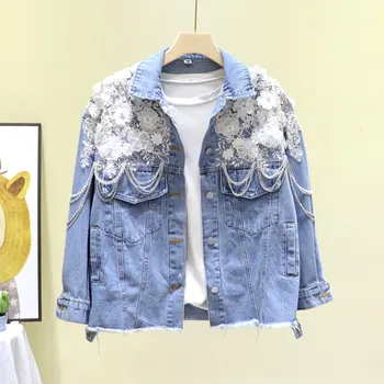 

Women Beaded three-dimensional lace flower denim jacket female 2020 spring new female student jacket 2116