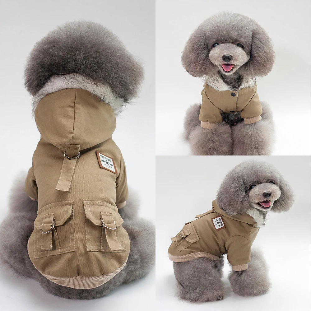 Теплая одежда для собак, зимнее меховое пальто для собак, толстовки для маленьких и средних собак, плотная ветрозащитная Одежда для питомцев, флисовая куртка для щенков - Цвет: khaki