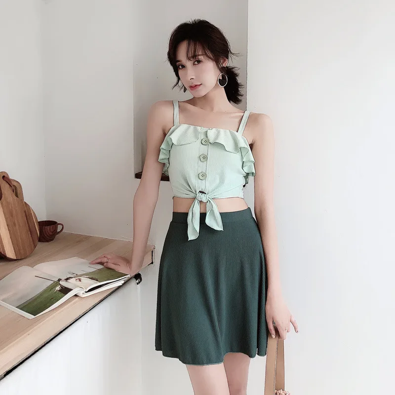 

New Style Bathing Suit Mint Green-Slim Fit Slimming Split Skirt-Boxer Three-piece Set Bathing Suit